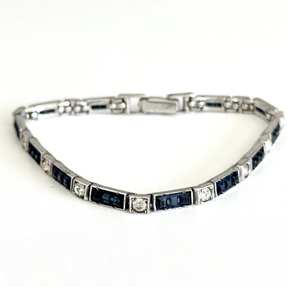 Vintage 925 Sterling Silver Blue & Clear Glass Stones Tennis Link Bracelet 7"